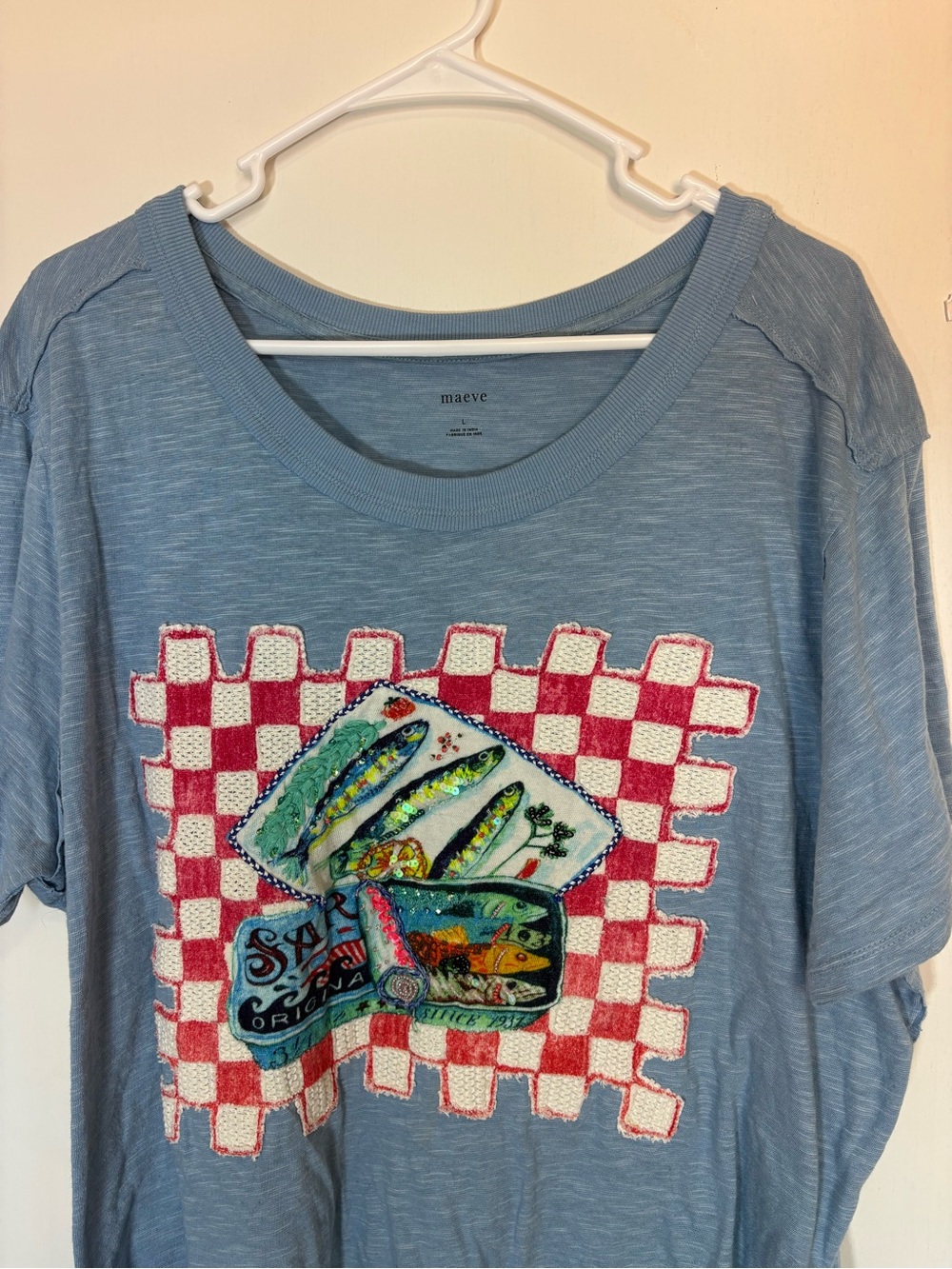 Anthropologie Maeve Sardine Linen Blend Graphic T shirt Size Large Retail 98$ - Picture 3 of 7